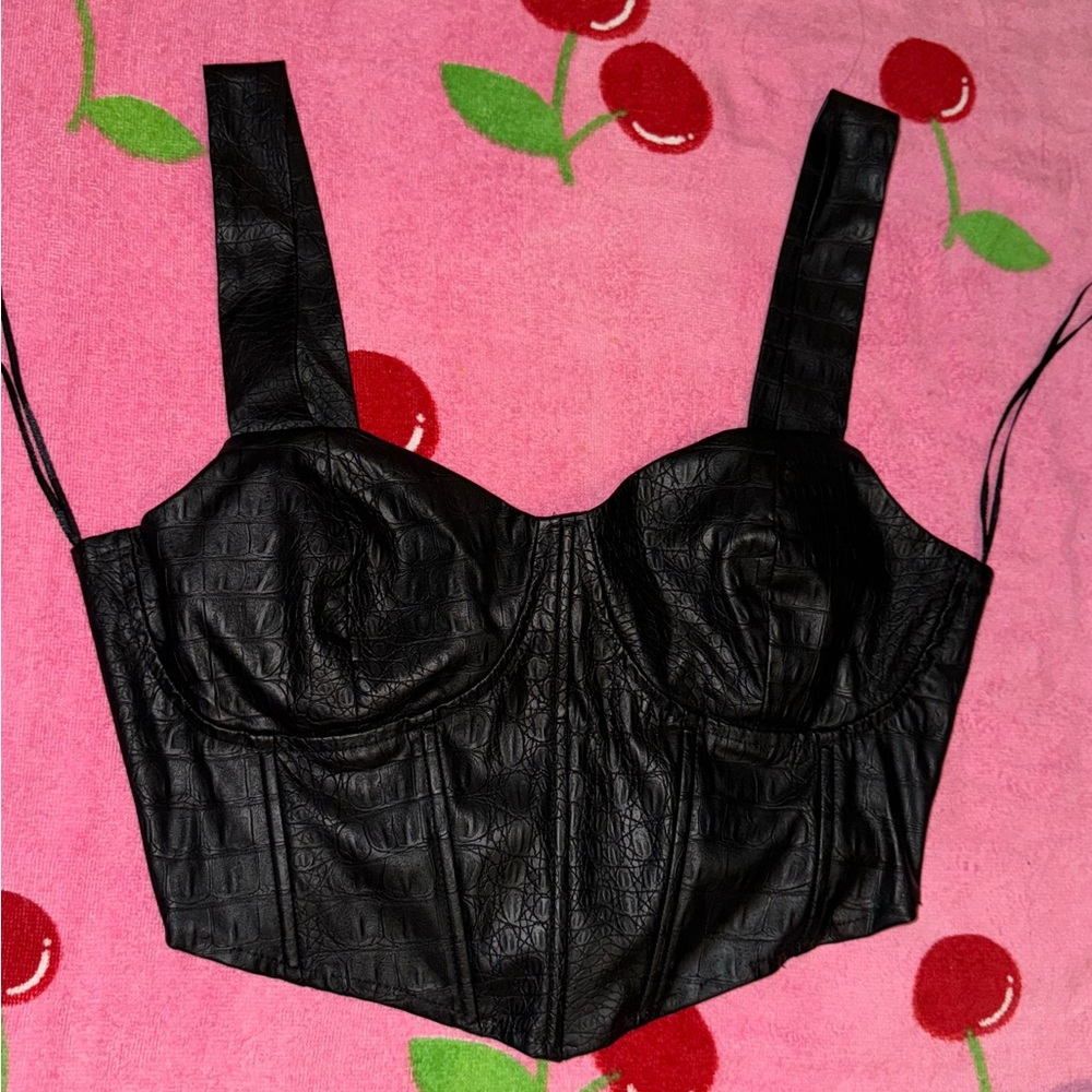 Black Croc-Embossed Bustier Top